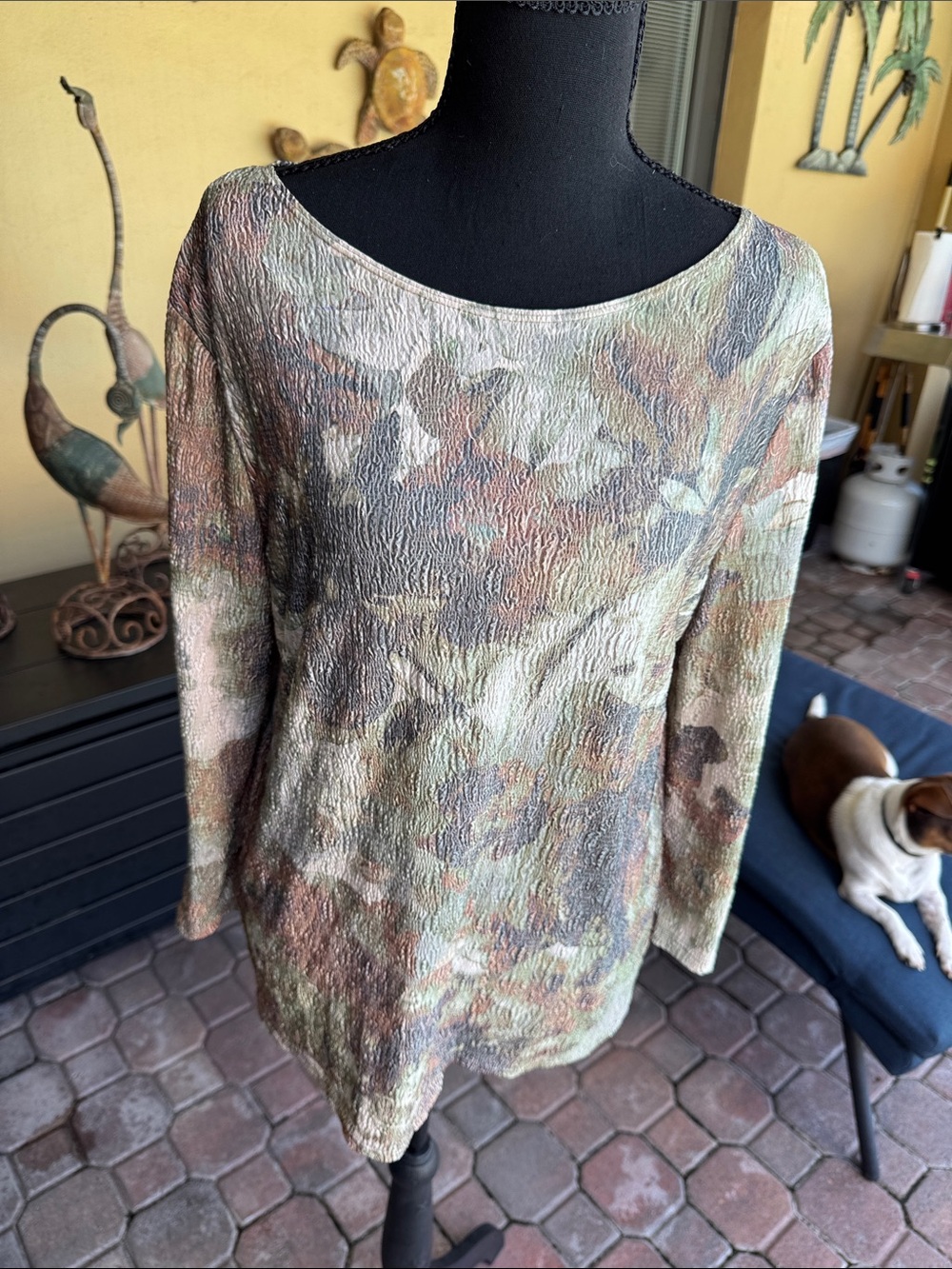 Coldwater Creek Textured Watercolor Long Sleeve Blouse - Multi Green Brown